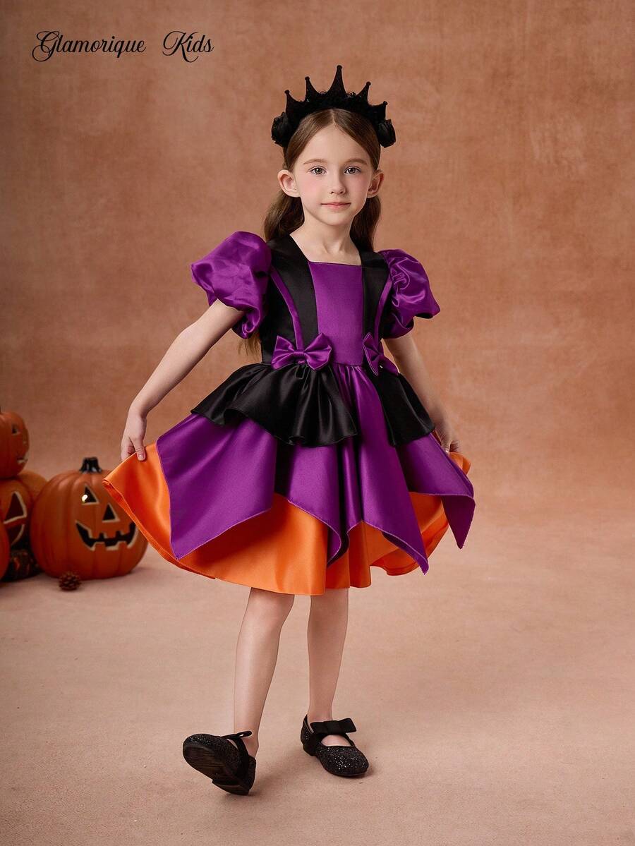 Glamorique Kids Váy biểu diễn tiệc tùng ngày lễ cho bé gái, váy hóa trang phù thủy với tông màu chủ đạo là tím và đen, tay bồng, chân váy nhiều lớp, lớp lót bằng vải satin màu cam bí ngô, váy công chúa cho tiệc tùng ngày lễ - Màu tím - Xem 1
