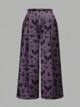 Goth Pantaloni larghi da donna taglie forti con stampe di corvi, pipistrelli, teschi e croci, stile gotico foresta oscura, adatti per Ognissanti