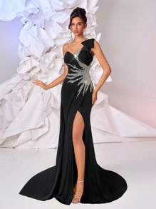 Glamrae 优雅奢华的浅黄色手工串珠面料贴花不对称肩部性感开衩飘逸女式正式晚礼服 - 黑色 - 查看 1