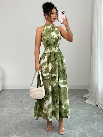 Modelyn Vestido azul de mujer con estampado de teñido anudado, sin mangas, con cuello halter, cintura con lazo y silueta evasé