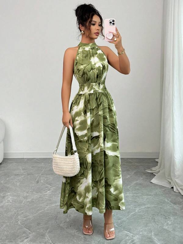 Modelyn Vestido azul de mujer con estampado de teñido anudado, sin mangas, con cuello halter, cintura con lazo y silueta evasé