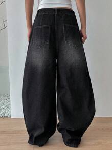 Dazy Tall 高个女款宽松直筒牛仔裤，休闲街头风，适合日常通勤 - 黑色 - 查看 2