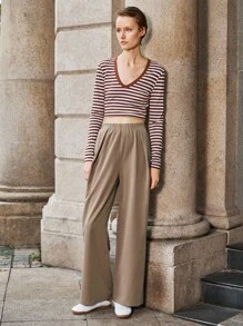 Lumivelle 女士休闲弹力腰直筒裤，时尚百搭，适合春秋季穿着，可搭配全白休闲装，春季大学校园服装，秋季女装 - 卡其色 - 查看 4