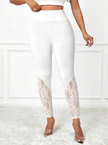 SHEIN Lady Women Eleglant Solid Color Lace Patchwork Leggings Pants For Women Petite