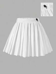 1 Chân váy xếp ly thêu họa tiết ngựa cạp chun cho bé gái, phong cách thường ngày đi học, phù hợp cho mùa xuân, hè, thu - trắng - Xem 3