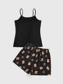 ROMWE Kawaii 可爱卡通蝴蝶结小熊吊带短裤睡衣套装 - 黑色 - 查看 2