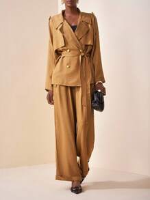 Zivah 2025春秋新款优雅通勤休闲派对宽松纯色卡其色长袖翻领系带金属扣装饰薄外套和阔腿长裤有口袋女装2件套