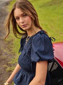 Aralina 秋冬褶皱细节背心，可拆卸泡泡袖，蝴蝶结细节娃娃装，斯德哥尔摩风格 Y2K 可爱上衣 - 藏蓝色 - 查看 3