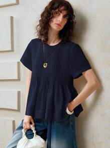 EMERY ROSE 女士粘胶纤维梭织纯色短袖圆领休闲个性褶皱衬衫，适合春夏、度假、通勤和日常穿着，娃娃衫，夏季女装，可爱夏季上衣，夏季衬衫，外出上衣，可爱夏季上衣 - 藏蓝色 - 查看 3