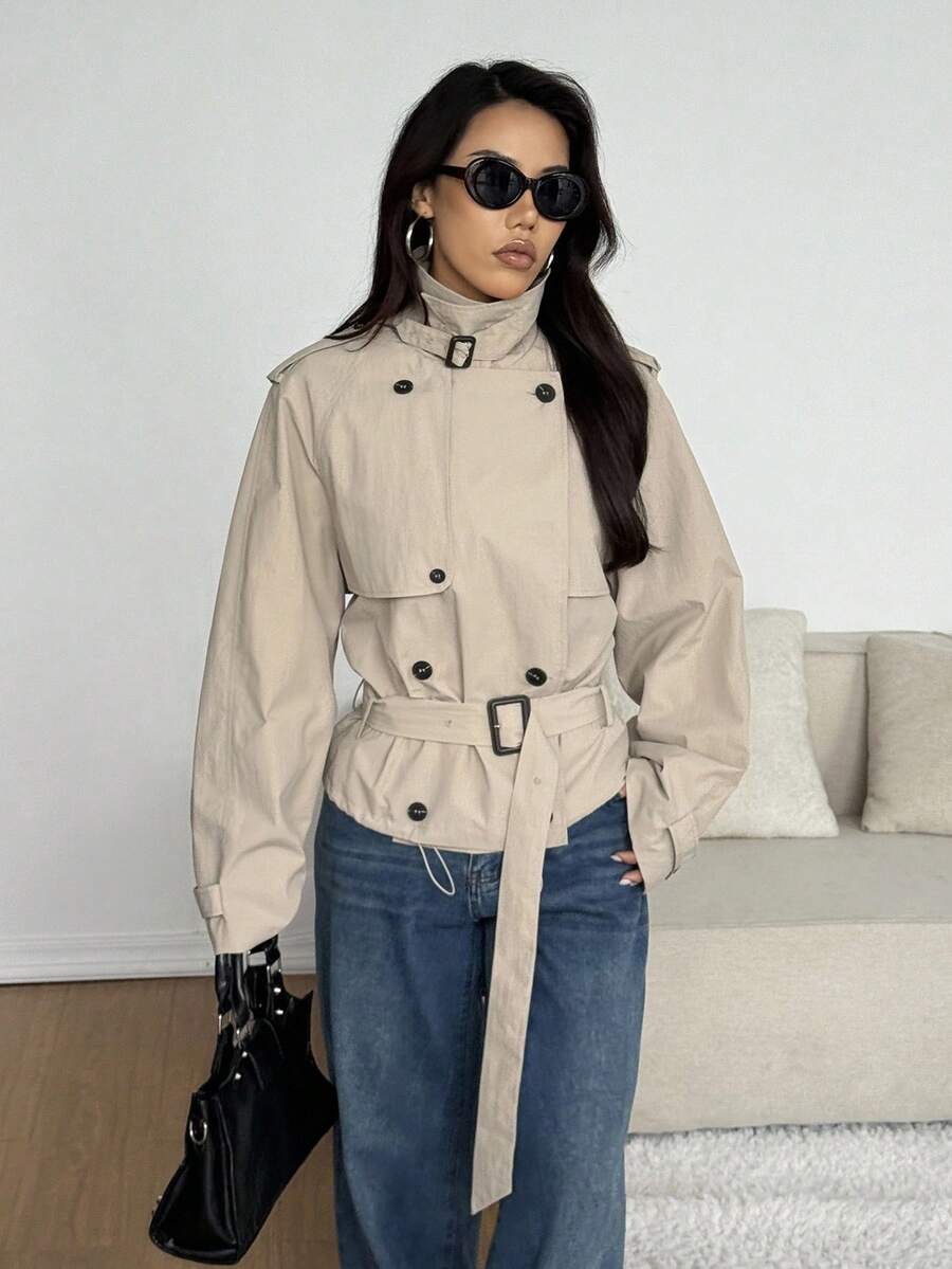 SHEIN EZwear 秋冬女士休闲百搭纯色双排扣风衣 - 卡其色 - 查看 1