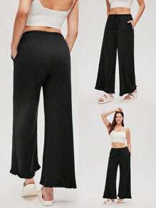 LUVLETTE Women Soft Black 100% Pure Cotton Wide Fit Women Lounge Bottom Airy Pajama Pants Cute Pajama Pants With Pockets Romantic Living Cozy At Home - Black - View 3