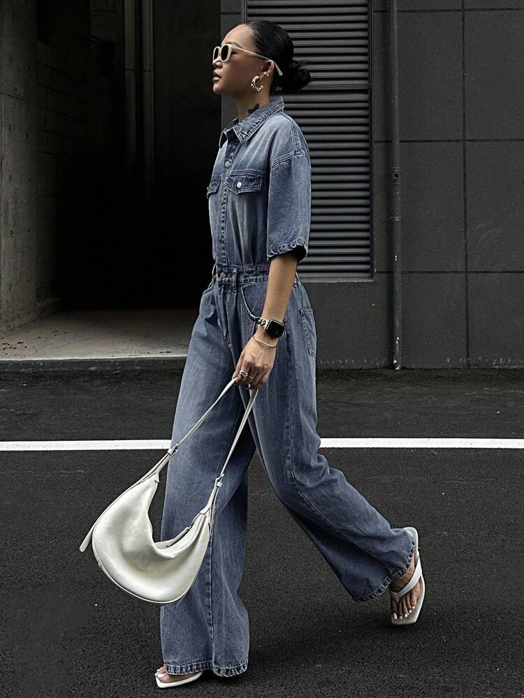 Women's Casual Washed Loose Denim Jumpsuit, Summer