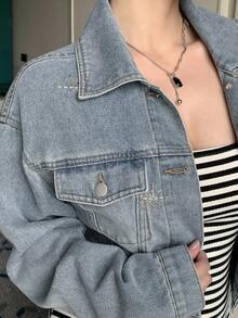 DAZY 女式落肩长袖休闲宽松牛仔夹克，秋季女装 - 淺色水洗藍 - 查看 6