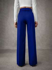 女式纯色褶皱缝线西装裤 - 寶藍色 - 查看 2