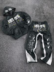 PAVTROS 时尚男士字母印花连帽衫和裤子套装，采用柔软针织面料，男士两件套，男士连帽衫套装，男士街头服饰套装，男士慢跑裤套装