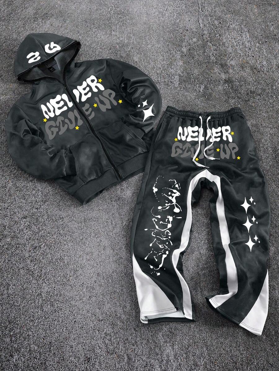 PAVTROS 时尚男士字母印花连帽衫和裤子套装，采用柔软针织面料，男士两件套，男士连帽衫套装，男士街头服饰套装，男士慢跑裤套装