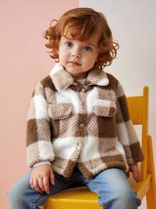 SHEIN 1 件婴儿毛绒开衫、婴儿夏尔巴夹克、男婴羊毛外套、冬季和春季厚保暖衣服 - 咖啡棕 - 查看 1