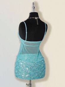 SHEIN ICON Women's Summer Casual Vacation Ruffle Trim Camisole Top & Mini Skirt 2 Pieces Set Fall Women Clothes Aqua Dress Sequin Dress - Teal Blue - View 9