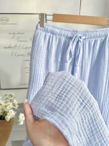 Comfortcana Quần ống rộng ống rộng màu trơn buộc eo cỡ lớn cho nữ Quần cotton thường ngày cho nữ Quần dài mặc nhà, Quần thu/đông, Quần áo mùa thu cho nữ Quần cotton 100% Quần cotton gạc cho nữ Quần cotton mùa hè - Màu xanh lam - Xem 5