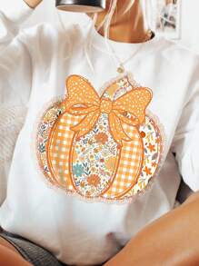 EMERY ROSE Halloween Preppy Floral Fall Pumpkin Plus Size Casual Sweatshirt, Pumpkin Lace Sweatshirt Winter Autumn - White - View 1