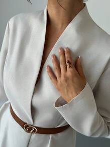 Firerie Women's Elegant Linen Solid Color Stand Collar Long Sleeve Cinched Waist Linen Blazer, Versatile For Autumn, Fall, Old Money Style, Office - Apricot - View 12