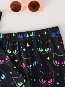 SHEIN 2pcs/Set Young Girls Glowmode Glow-In-The-Dark Cartoon Cat Print T-Shirt Leggings Snug Fit Pajamas Black Summer Fairy Family Matching Sleepwear Set - Black - View 9