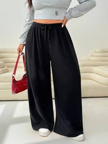 Solflare Plus Size Women's Casual Solid Color Wide Leg Pants, Autumn/Winter,Fall,Warm