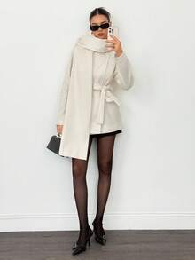 SHEIN Tall Áo khoác len màu trơn tay dài thắt eo thanh lịch cho nữ, áo khoác màu kem, áo khoác có thắt lưng, thời trang thu/đông - trắng - Xem 8