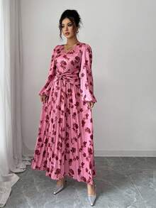 Modelyn 法式收腰V领灯笼袖连衣裙 - 彩色 - 查看 4