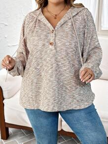 SHEIN CURVE+ Curve Plus Size/Autumn/Autumn Women's Wear/Winter Women's Wear/Winter Wear Curve Plus Size Women's Button Half Grid Hooded Waffle Knitted Sports Shirt, Autumn Casual Top Plus Size 8XL Women's 6XL Plus Women's Wear Curve Plus Top Women, Winter, Curve Plus Fall/Autumn /Winter