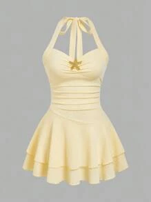 Sweetra 优雅露肩紧身露背复古性感海星金属装饰细肩带紧身连衣裙，女式夏季新款腰部褶皱修身蛋糕裙短款无袖迷你连衣裙 - 黃色 - 查看 1
