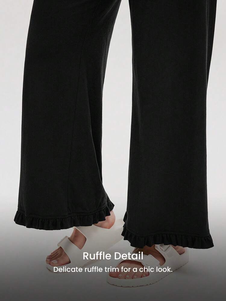 Calça de Pijama Larga e Macia de 100% Algodão Puro Preto para Mulheres, Calça de Pijama Leve e Fofa com Bolsos, Romântica e Confortável para Uso em Casa