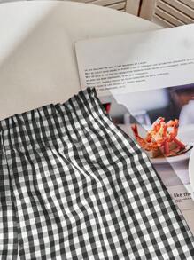 Comfortcana Plus Size Women's Casual Black & White Plaid Ruffle Hem Shorts, Suitable For Summer - Red - View 3