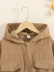 Tween Girl Loose Casual Drop Shoulder Hooded Cropped Corduroy Jacket,In Fall/Winter - Camel - View 4