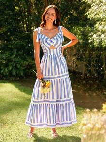 SHEIN VCAY Women Casual Minimalist Sleeveless Dress, Suitable For Daily Wear,Vacation Outfits Woman,Vacation,Cut Out Dress,Bow Dress,Elegant,Vacation Outfits Woman,Summer Outfits For Women,Cute Summer Dress - Blue and White - View 2