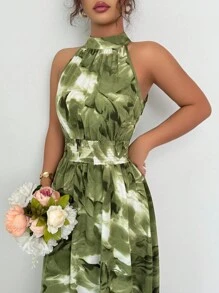 Modelyn Váy chữ A không tay buộc eo in họa tiết tie-dye màu xanh dành cho nữ - Màu xanh Ô liu - Xem 3