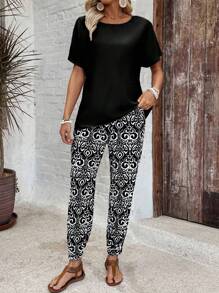 EMERY ROSE 2 件套女士节日纯色圆领短袖上衣和全身印花裤套装