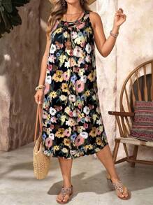 EMERY ROSE 大码花卉印花无袖休闲度假连衣裙