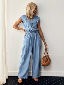 EMERY ROSE Women's Casual Fashion V-Neck Button Up Denim Jumpsuit