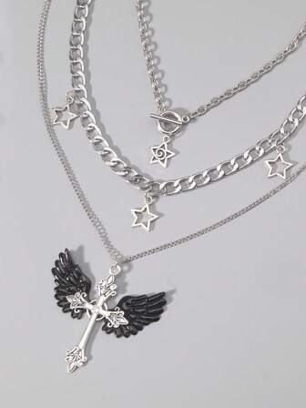 Hippie 3pcs Gothic Retro Creative Cross, Dark Angel Wings, Spiral Star, Hollow Star Punk Style Pendant Necklace For Women, Holiday Gift