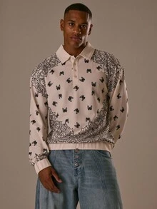 Musero Camisas polo oversized de manga comprida com estampa total e fechamento em três botões para outono/primavera/verão. - Preto e Branco - Ver 1