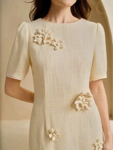 Anewsta Vestido elegante de mujer con aplicaciones florales de unicolor, para verano - Amarillo - Ver 1