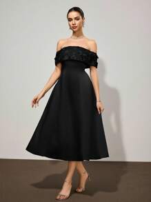 Poshira 女士露肩黑色晚礼服 - 黑色 - 查看 7