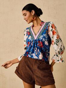 Travachic 大码女式花卉印花 V 领 3/4 袖收腰 A 字型衬衫，适合初秋