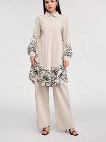 Veilorie Women'S Floral Print Long Sleeve Shirt And Pants Suit 2 Pieces Set - Apricot - View 5
