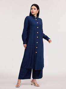 Veilorie Solid Button Front Shirt & Wide Leg Trousers - Navy Blue - View 3