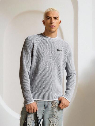 STEELVANCE Suéter de cuello redondo de manga larga, versátil y minimalista para hombre, de estilo casual y de negocios, con gráfico bordado, color gris oversize, ideal para volver al colegio, para usar a diario y con comodidad en otoño e invierno