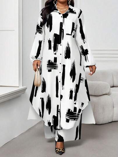 SHEIN Lady 春夏秋冬休闲优雅工作黑色梭织衬衫领主教袖口袋长袖大码西装春夏优雅通勤办公室大码西装女士夏装度假服装女士度假两件套西装，2件套夏装