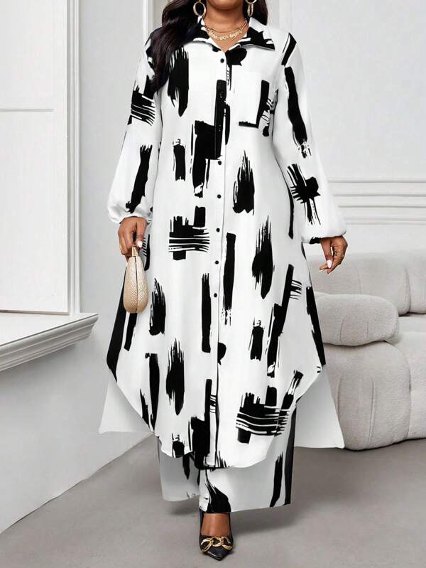 SHEIN Lady Spring, Summer, Autumn And Winter Casual Elegant Work Black Woven Shirt Collar Bishop Sleeves Pockets Long Sleeves Plus Size Suits Spring And Summer Elegant Commuter Office Plus Size Suits Women's Summer Clothing Vacation Clothing Women's Vacation Two Pieces Suit, 2 Pieces Summer Clothing Print Dresses For Women Graphic Dress Long Sleeve Elegant Dress Modest Dress For Women Modest Two Piece Set Fall Clothes For Women Vacation Outfits Woman Beach Outfits For Woman  Dresses For Women Elegant Wedding Guest Dress Women  Fall Clothes For Women Casual Halloween Autumn Fall Clothes For Women Winter Fall Outfits For Women