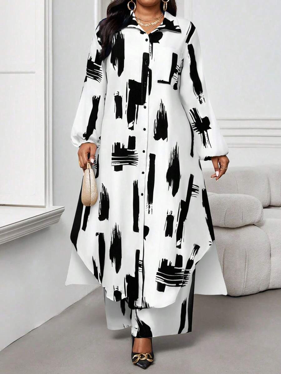 SHEIN Lady 春夏秋冬休闲优雅工作黑色梭织衬衫领主教袖口袋长袖大码西装春夏优雅通勤办公室大码西装女士夏装度假服装女士度假两件套西装，2件套夏装 - 黑與白 - 查看 1